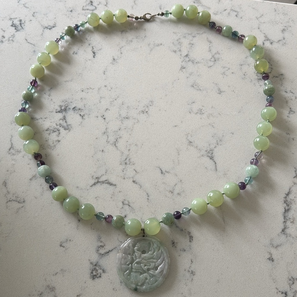 Stunning Carved round lavender Jade piece & green marble beaded necklace 36”